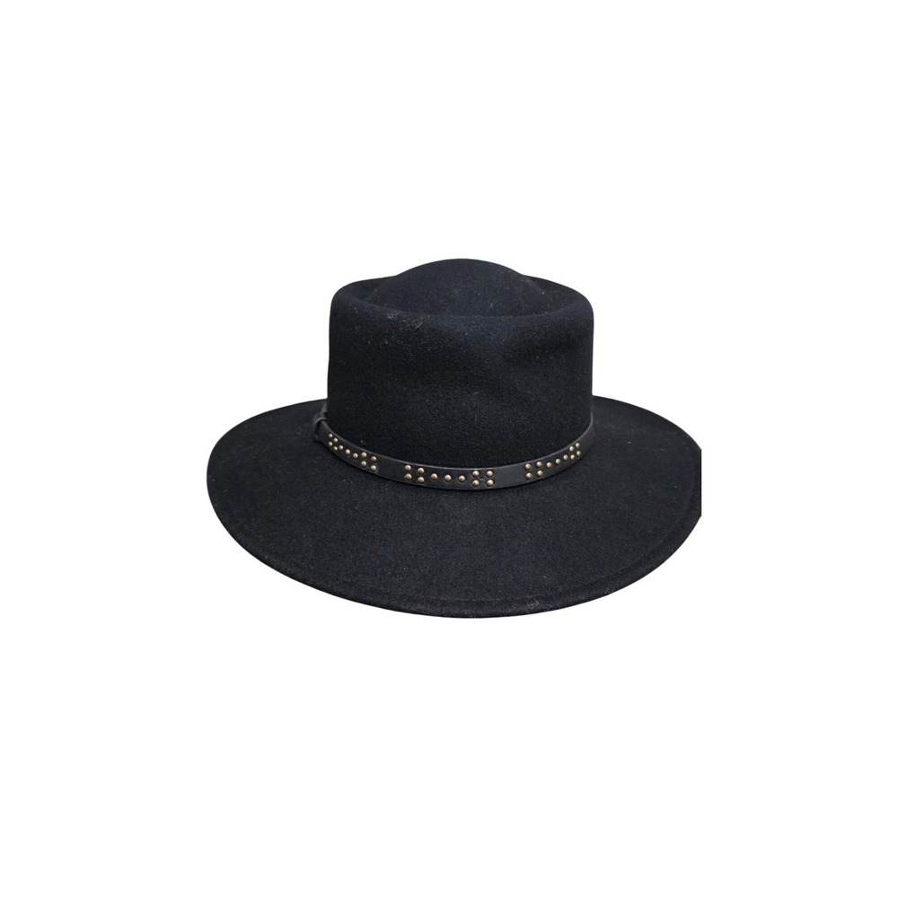 Black 100%‎ Wool Fedora Hat Studded Faux Leather Band Wide Brim Unisex Accessory
